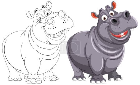 Two smiling hippos in a playful vector illustration.