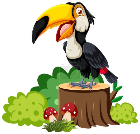 Téléchargez les illustrations : Illustration vectorielle d'un toucan dans une forêt luxuriante - en licence libre de droit