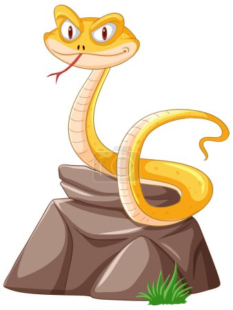 Téléchargez les illustrations : Serpent de bande dessinée assis sur une pierre, regardant amical. - en licence libre de droit
