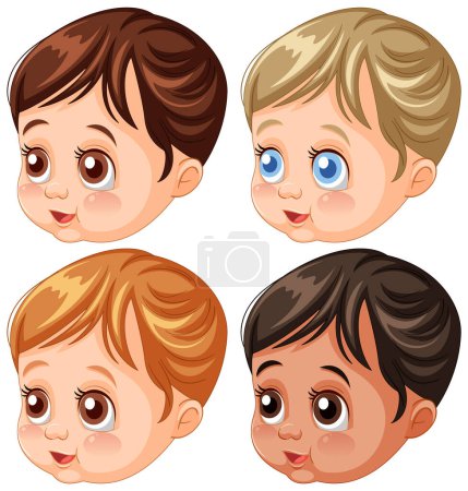 Quatre visages animés mignons de tout-petit avec différentes couleurs de cheveux