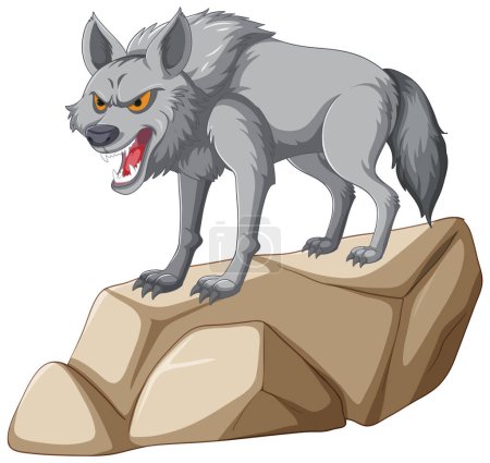 Illustration for Angry gray wolf growling atop a boulder - Royalty Free Image