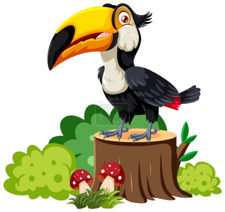 Téléchargez les illustrations : Illustration vectorielle d'un toucan dans un cadre luxuriant - en licence libre de droit