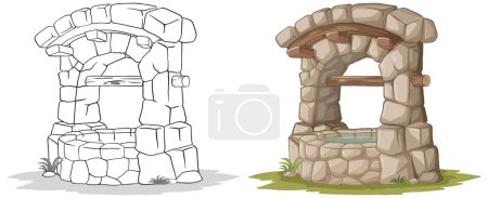 Two cartoon stone wells with wooden roofs.