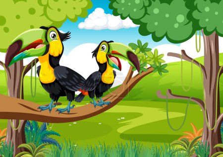 Ilustración de Dos coloridos tucanes encaramados en una vibrante selva - Imagen libre de derechos