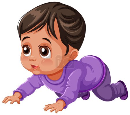 Ilustración de Lindo bebé ilustrado arrastrándose en traje púrpura - Imagen libre de derechos