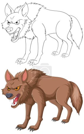 Two stylized wolves, one colored and one outlined.