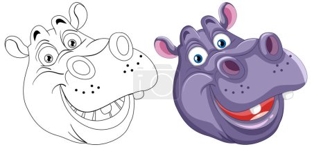 Two illustrations of a cheerful cartoon hippopotamus
