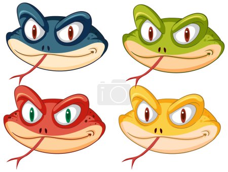 Ilustración de Cuatro ranas vibrantes con caras expresivas - Imagen libre de derechos