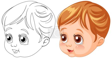 Téléchargez les illustrations : Illustration vectorielle du visage d'un enfant, avant et après la coloration. - en licence libre de droit