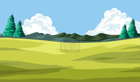 Illustration for Green meadow with trees and mountain backdrop. - Royalty Free Image