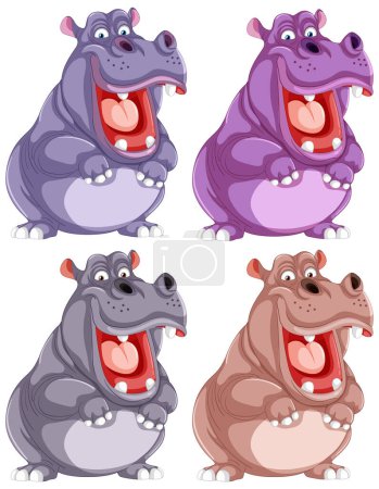 Vier stilisierte Cartoon-Flusspferde in verschiedenen Farben