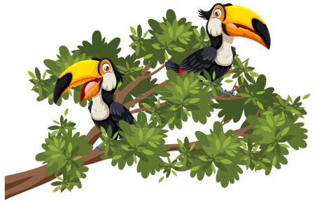 Illustration for Colorful toucans sitting among vibrant green leaves - Royalty Free Image