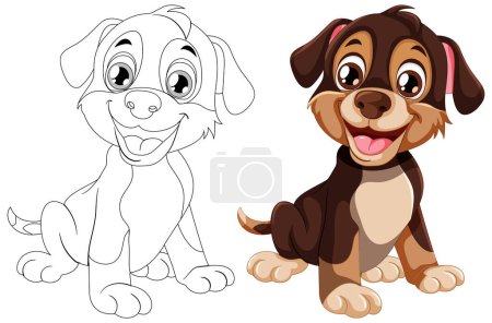 Téléchargez les illustrations : Deux chiens de dessin animé, un coloré et une ligne d'art. - en licence libre de droit