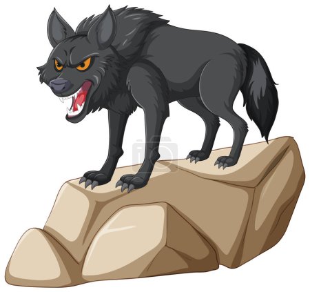 An aggressive wolf growling atop a stone.