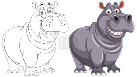 Téléchargez les illustrations : Graphiques vectoriels hippopotames noirs et blancs et colorés - en licence libre de droit