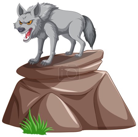 Téléchargez les illustrations : Illustration vectorielle d'un loup en colère sur un rocher - en licence libre de droit