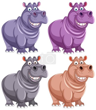 Ilustración de Cuatro hipopótamos estilizados en varios colores alegres. - Imagen libre de derechos