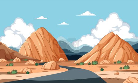 Illustration for Vector illustration of a desert road with mountains. - Royalty Free Image