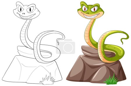Téléchargez les illustrations : Deux serpents souriants illustrés sur des surfaces en pierre. - en licence libre de droit