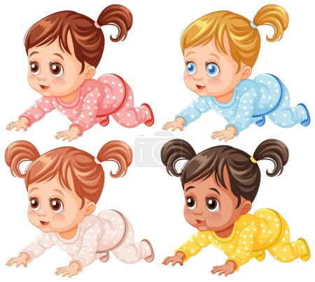 Téléchargez les illustrations : Quatre bébés mignons rampant dans des tenues colorées - en licence libre de droit