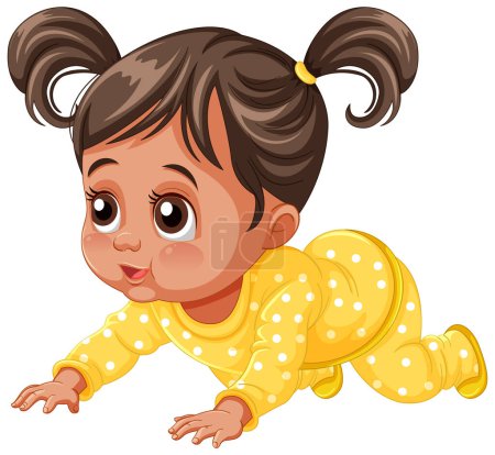 Illustration for Cute illustrated baby girl crawling in yellow pajamas - Royalty Free Image