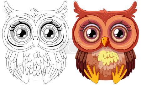 Illustration for Two stylized owls, one colored and one sketched. - Royalty Free Image