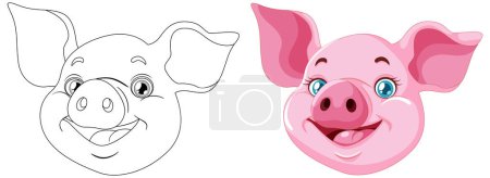 Illustration for Two-stage illustration of a pig, sketch and color - Royalty Free Image