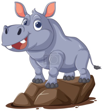 Illustration for A smiling hippopotamus standing on a brown rock. - Royalty Free Image