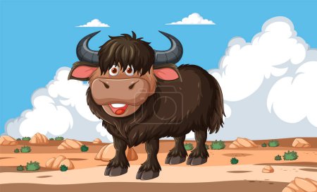 A friendly yak illustrated against a blue sky backdrop