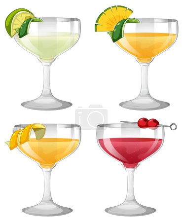 Vector illustration of various colorful cocktail drinks.