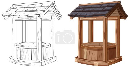 Two styles of wooden wells, sketch and colored