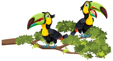 Téléchargez les illustrations : Deux toucans vibrants perchés sur une branche d'arbre luxuriante - en licence libre de droit