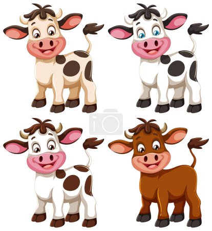 Ilustración de Cuatro vacas animadas lindas con diferentes expresiones. - Imagen libre de derechos