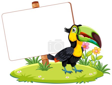 Téléchargez les illustrations : Toucan coloré à côté d'un signe, sur une île florale. - en licence libre de droit
