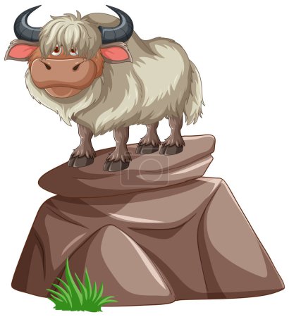 Illustration for Cartoon yak standing proudly on a rocky outcrop - Royalty Free Image