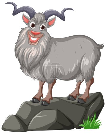 Ilustración vectorial de una cabra feliz de pie sobre rocas.