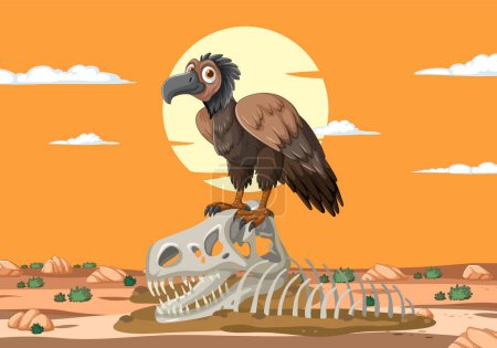 Illustration for Cartoon vulture standing on a skeleton in desert - Royalty Free Image