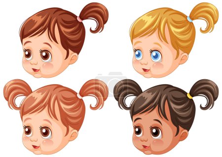 Téléchargez les illustrations : Quatre filles de dessin animé tout-petit avec différentes couleurs de cheveux - en licence libre de droit