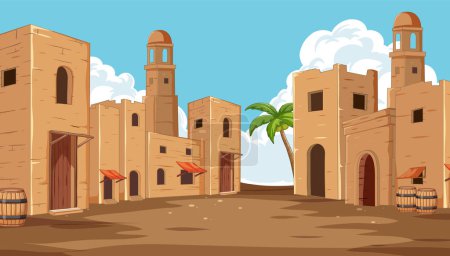Téléchargez les illustrations : Illustration vectorielle d'une scène de village désertique tranquille - en licence libre de droit