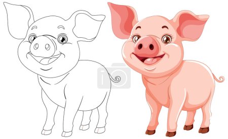 Téléchargez les illustrations : Illustration vectorielle d'un cochon, contour et couleur - en licence libre de droit