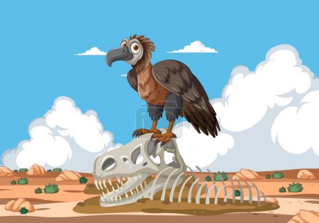 Illustration for Cartoon vulture standing on animal bones in desert - Royalty Free Image