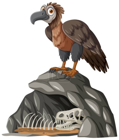 Illustration of a vulture atop rocks with bones