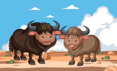 Two cartoon yaks smiling in a desert landscape