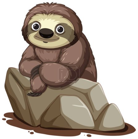 Cute cartoon sloth sitting peacefully on a stone.