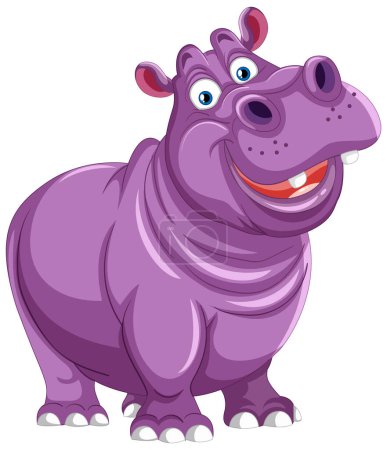 A happy, smiling purple cartoon hippo standing.