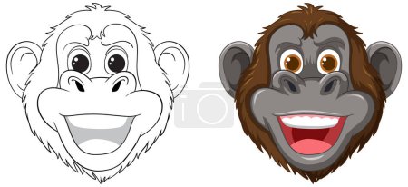 Illustration for Two smiling monkey faces in black and white and color - Royalty Free Image