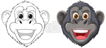 Ilustración de Dos caras estilizadas de chimpancé, una de color. - Imagen libre de derechos