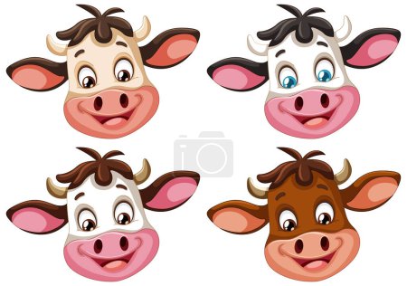 Téléchargez les illustrations : Quatre vaches de dessin animé mignonnes avec différentes expressions. - en licence libre de droit