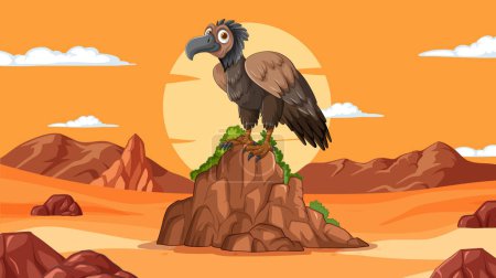Illustration for Cartoon vulture on a rock in desert setting - Royalty Free Image