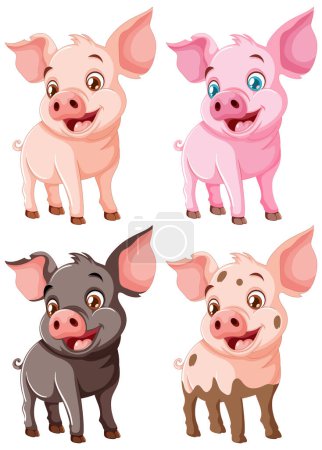 Ilustración de Cuatro cerdos lindos en varias poses juguetonas. - Imagen libre de derechos